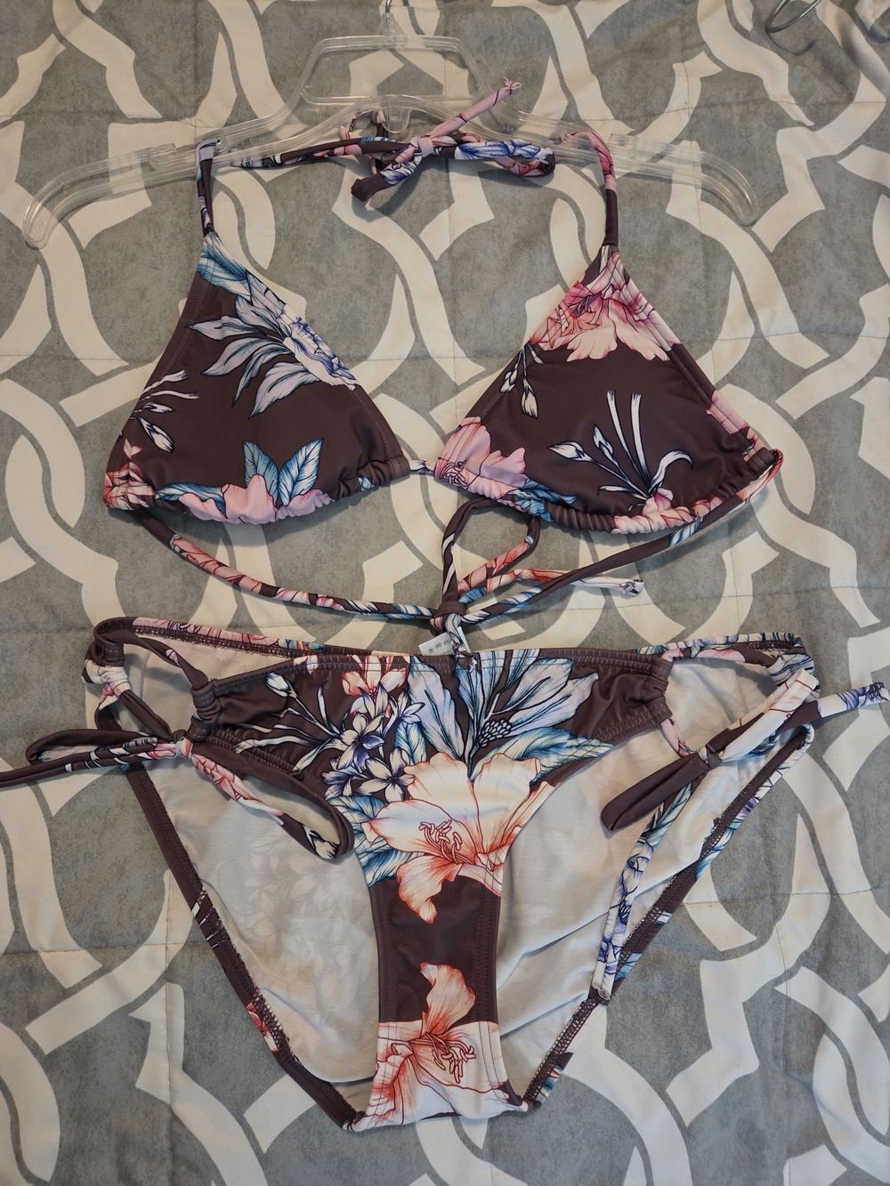 VENUS Brown Floral Triangle Bikini - Pink Blue Accents